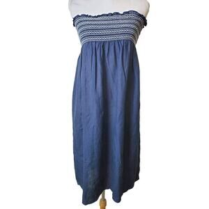 Erica Tanov 0 Midi 100% Linen Dress Size 2 Embroidered Smocked Tube Top XS